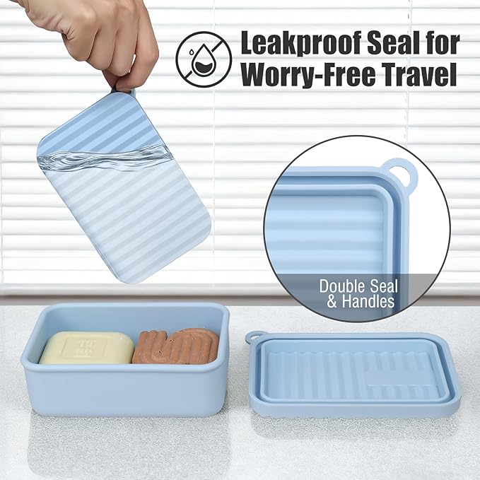 Oversized Silicone Soap Holder for Two Bars of Soap with lid – Leak Proo, Large Capacity, Durable, Impact-Resistant, Stain-Resistant, Fit Shampoo and Conditioner Bar Set (Light Blue)