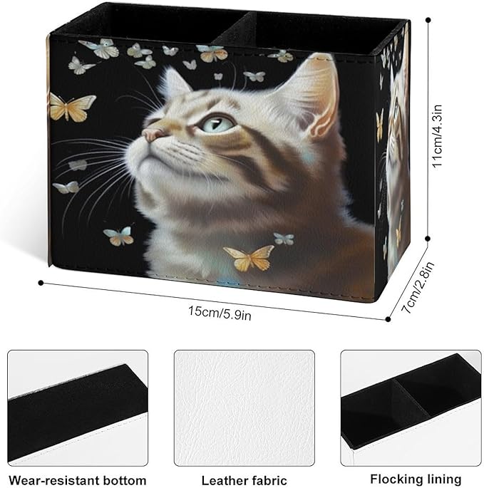 Famame Butterflies Around Cat Pencil Holder for Desk, Leather Desktop Container Pen Cup Storage Study Table Pen Organizer Makeup Brush Holder for Classroom Office Home