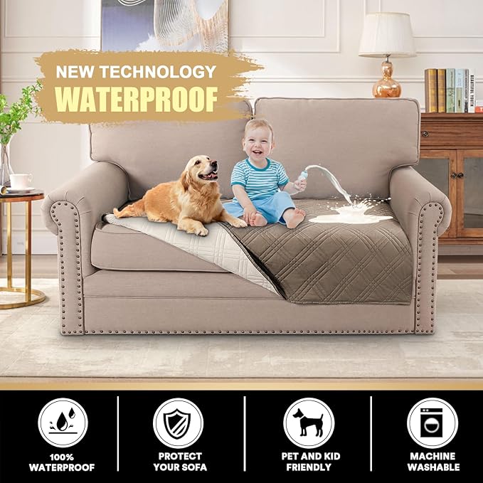 PrinceDeco Waterproof Sofa Bed Cover Washable，Thick Loveseat Couch Covers for 2 Cushion Couch Sofa Pet Friendly, Pet Couch Covers Furniture Protector for Dogs Cats ((Taupe,40x48 Inch)