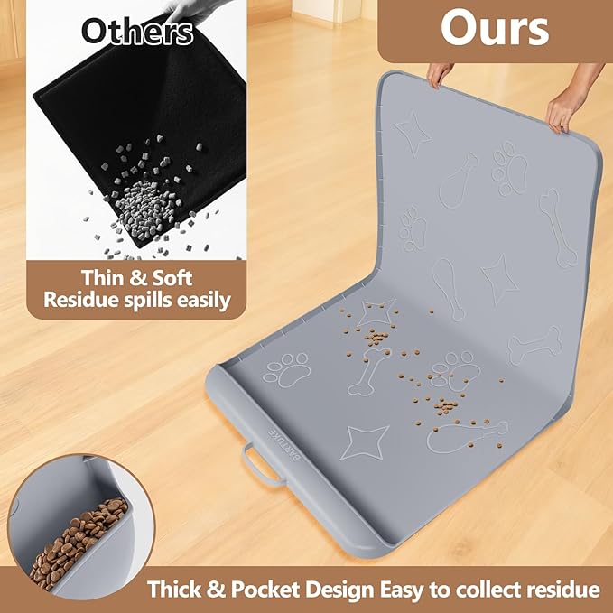 Dog Food Mat with Collection Pocket, 42''x28'' Extra Large Silicone Pet Feeding Mat for Food and Water, Waterproof Anti-Slip Dog Mat with Edge and Handle, Pet Placement for Floor(Light Grey)