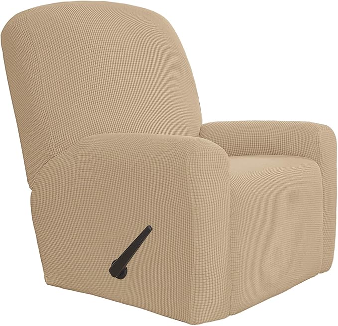Easy-Going 4 Pieces Oversized Recliner Stretch Sofa Slipcover Sofa Cover Furniture Protector Couch Soft with Elastic Bottom Polyester Spandex Jacquard Fabric Small Checks Sand X-Large