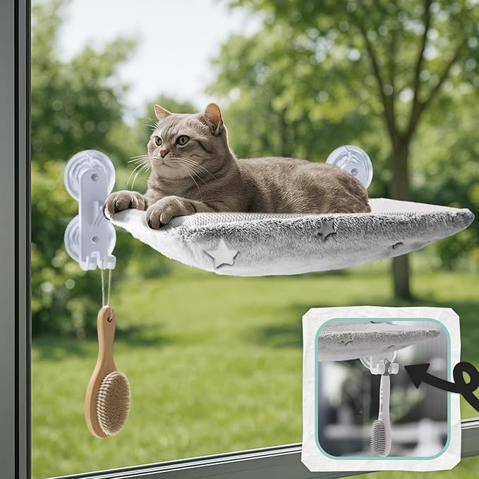 POMESEA Cordless Cat Window Perch for Large Cats, Glow in The Dark Fabric Cat Hammock for Window with 4 Strong Suction Cups, Easy to Assemble, Foldable Window Seat for Cats Inside, Gray L