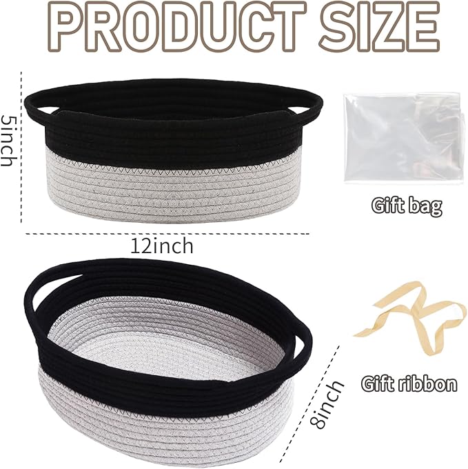 JMvicyroam Woven Basket,Small Rope Storage Bin with Handles & Ribbon Bag, Organizer for Shelves Closets,Gift Basket Empty for Birthday,Books,Dog Toys, Black&Grey/2 Pack