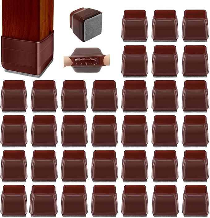 36Pcs Brown Square Chair Leg Floor Protectors, High Elastic Felt Furniture Pads for Hardwood Floors, Silicone Floor Protectors for Chairs, Chair Leg Caps Covers Socks(Large)
