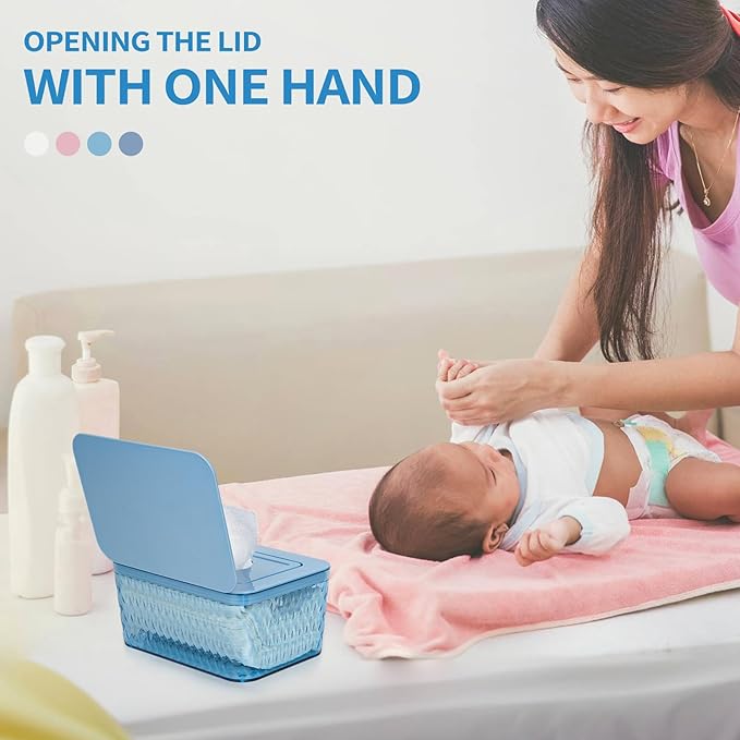 Whiidoom Wipes Dispenser, One-Handed Operation Wipe Holder for Baby & Adult, Seal-Designed Wipes Container for Bathroom Keep Diaper Wipes Fresh (Blue)