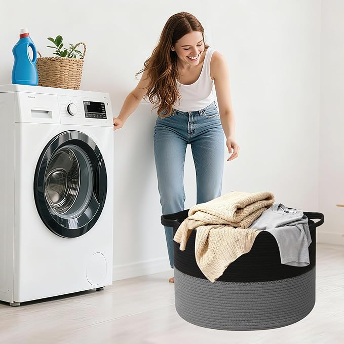 90L Large Blanket Basket,21.7"L x 21.7"W x 13.8"H Rope Woven Baskets with Handles, Toys Storage Bins,Laundry Basket Perfect for Living Room, Nursery,Bedroom,Home Organization,Black&Dark Grey