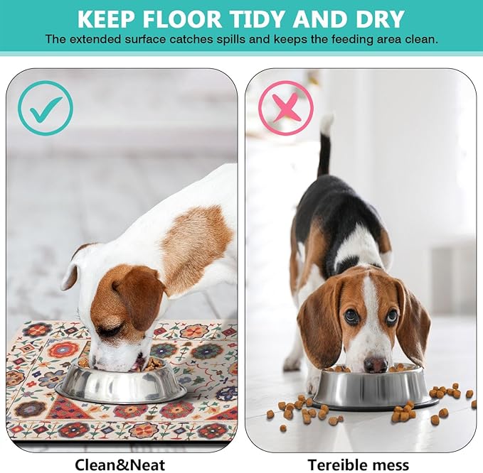 Moroccan Trellis Dog Food & Water Mat, Boho Colorful Vintage Pet Feeding Mat for Floor Non-Slip Waterproof, Super Absorbent Cat Bowl Mat, Easy to Clean Durable Pet Placemat,12" × 20"
