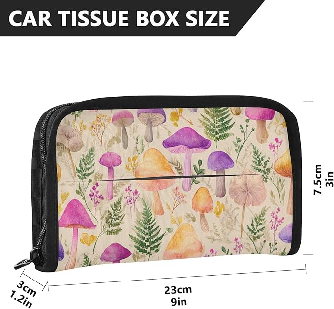 Car Tissue Holder Car Napkin Holder Car Tissue Box Dispenser Storage Case Sun Visor Mask Holder with Adjustable Straps Reusable Refillable Mushroom Colorful Pattern