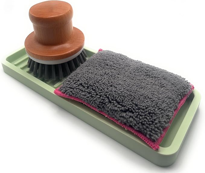 Happitasa Silicone Kitchen Sink Organizer Tray, Sponge Holder and Countertop Protector | Bathroom and Kitchen Soap Dish and Dispenser Tray (Pistachio, 9"x3.5")