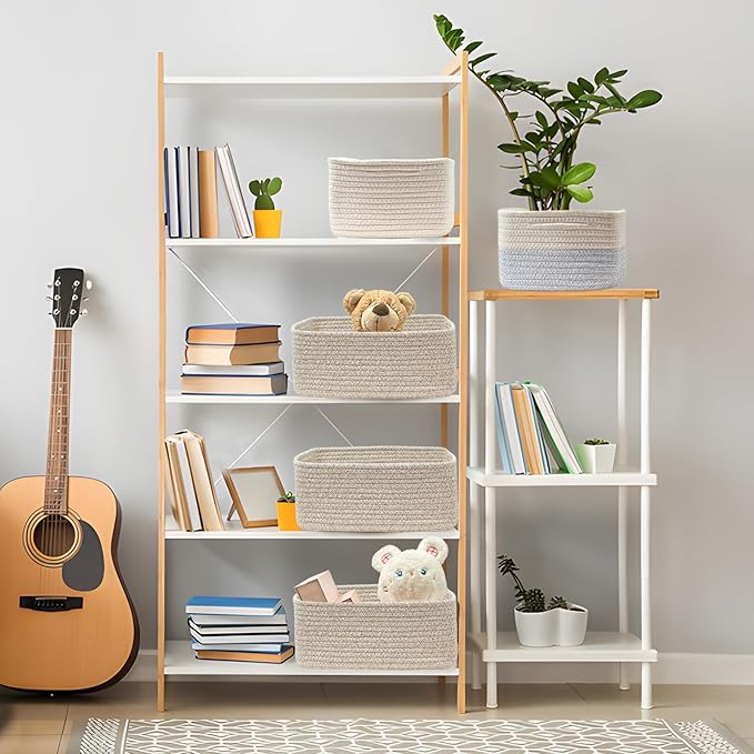 COMFY-HOMI 13" x 8.5" x 5.1" Storage Baskets for Organizing | Cotton Rope Woven Basket | Toy Storage Bin Box | Basket for Shelves, Closet Organizer Bin, Decorative Closet Shelf, 3 Pack, All brown