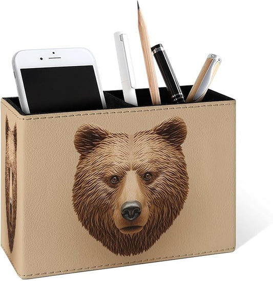 Famame 3D Bear Head Print Pencil Holder for Desk, Leather Desktop Container Pen Cup Storage Study Table Pen Organizer Makeup Brush Holder for Classroom Office Home