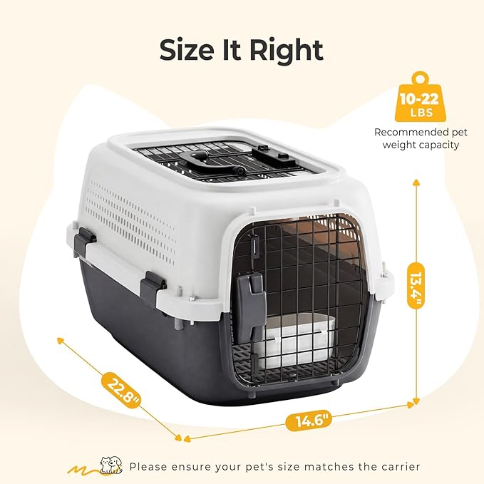 NEWBULIG 23" Hard-Sided Dog Carrier, Plastic Cat & Dog Crate, 4-Sided Ventilation Travel Pet Kennel, Top & Front Door Access, Integrated Food Bowl, for Small Pets up to 22 lbs, White & Black