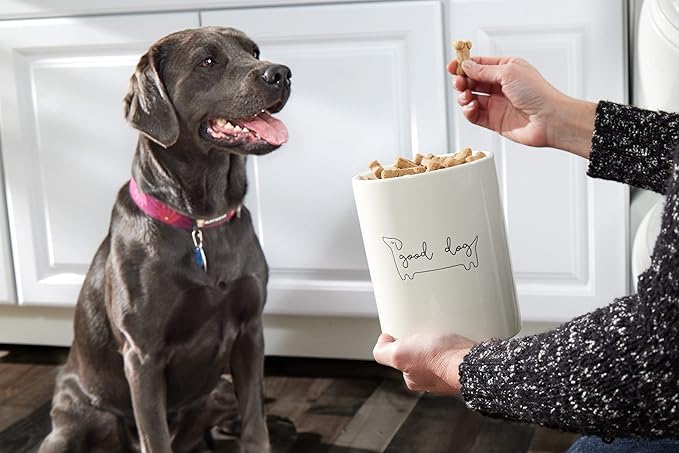 Pearhead Good Dog Ceramic Treat Jar with Airtight Wooden Lid – Modern Neutral Pet Treat Canister Keeps Snacks Fresh – Stylish Countertop Storage, 4 Cup / 32 oz