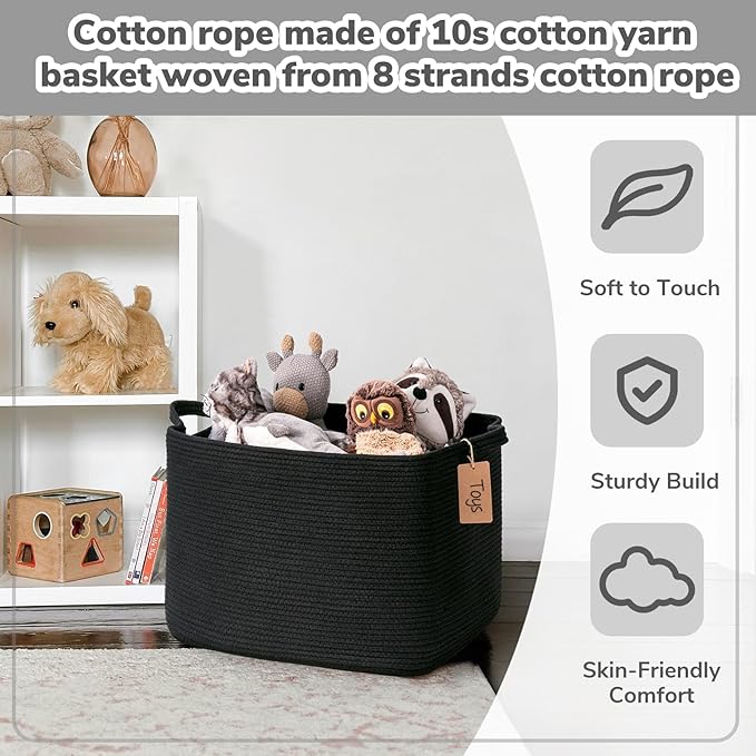 Goodpick Woven Storage Baskets for Organizing, 18" x 14" x 12" Rectangle Blanket Basket with Handles, Nursery Cotton Rope Basket for Living Room, Bedroom, Black