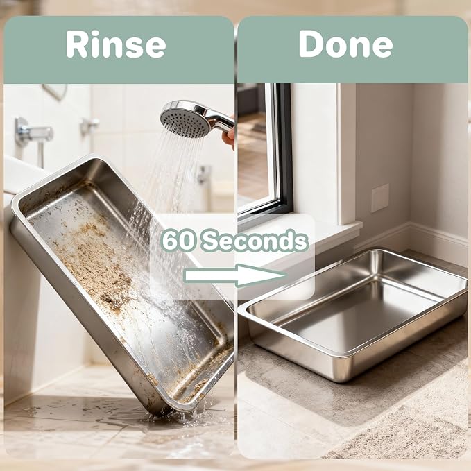 Low Entry Stainless Steel Cat Litter Box for Kittens, Metal Kitty Shallow Litter Box, Easy Access Kitty Litter Pan Tray, Easy Cleaning -17.72'' Lx 13.78'' W x 2.76'' H