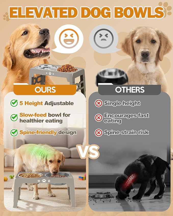 Jovrun Elevated Dog Bowls, Dog Feeder with Stainless Steel Dishes & Slow Feeder Bowl, 5 Heights Adjustable Raised Stand for Medium Large, Food Dishes with Non-Slip Feet