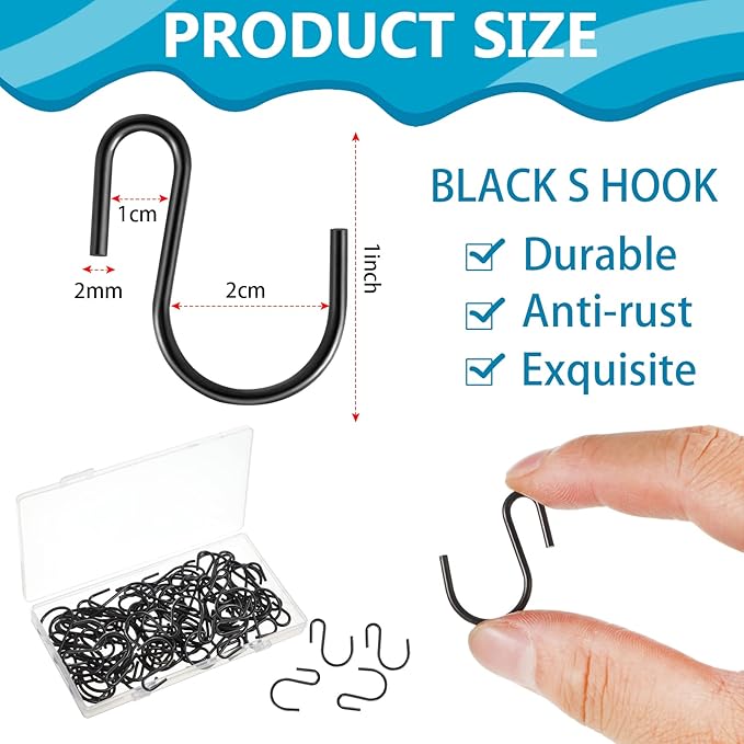 Sratte 120 Pieces Small S Hooks for Hanging Heavy Duty Mini S Shaped Metal Hook Hanger Ornament Storage Hooks for Plants DIY Craft Hanging Pot Jewelry Key Chain Tags Kitchenware(Black, 1 Inch)