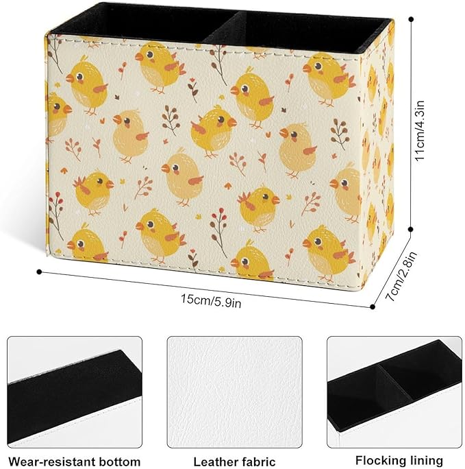 Famame Cute Yellow Chicks Leaves Pencil Holder for Desk, Leather Desktop Container Pen Cup Storage Study Table Pen Organizer Makeup Brush Holder for Classroom Office Home