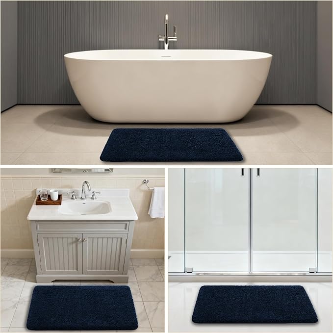 Navy Blue Bathroom Rugs 24"x36" - Fluffy Microfiber Bath Mat, Non Slip and Absorbent Bathroom Floor Mat, Machine Washable Plush Rug - Ideal for Tub, Cabinet or Washroom