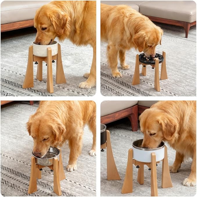 Beech Dog Bowl Stand for Medium Large Dogs,Elevated Feeder Large Breeds,Raised Bowl Stand，Adjustable Width for Different Bowls,Feeding Station with Non-Slip Feet (10-inch High with Bowl)