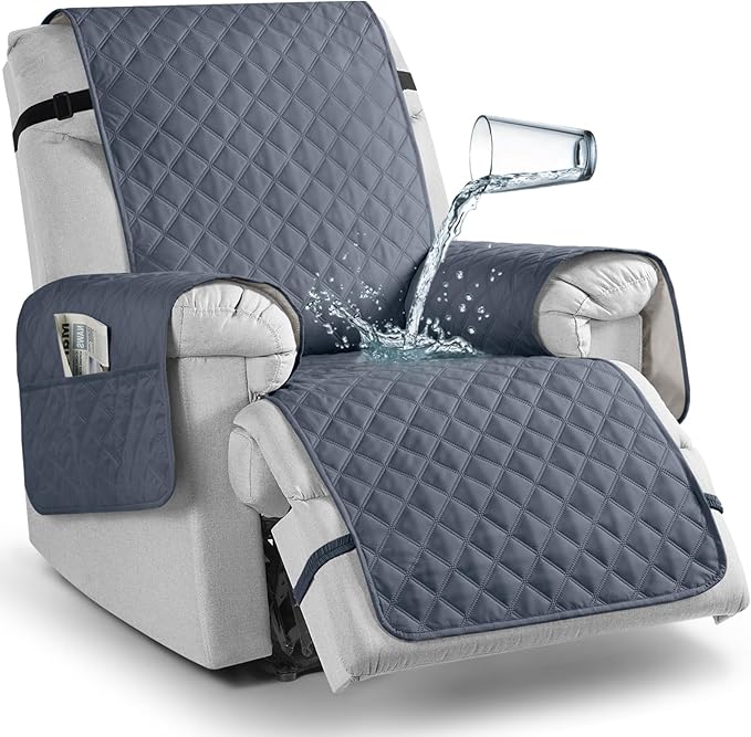 TAOCOCO Waterproof Recliner Chair Covers with Leg Strap 1 Piece Oversized Recliner Covers for Large Recliner for Pets Kids, Washable Reclining Chair Furniture Protector(28'' Oversized, Bluish Grey)
