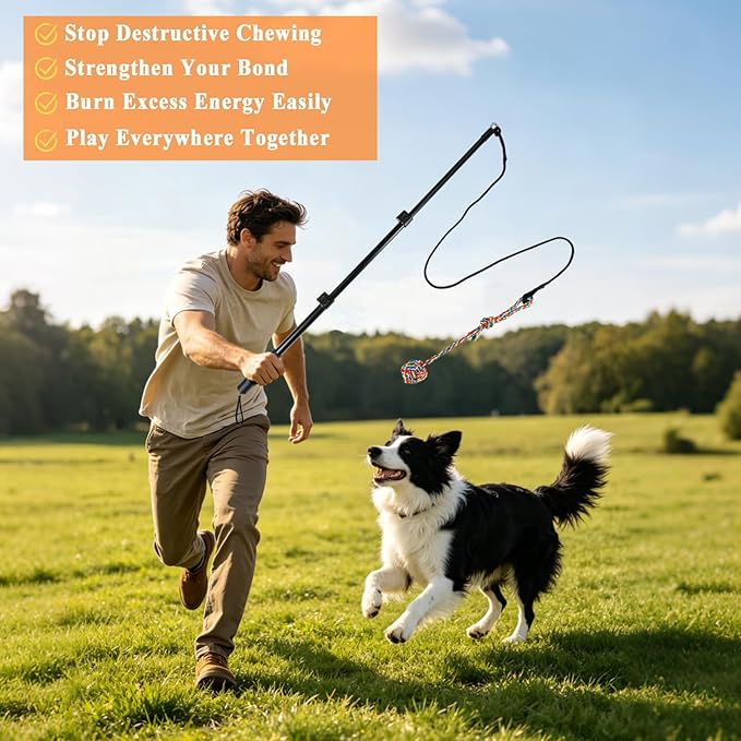 ASOCEA Flirt Pole for Dogs, Heavy Duty Dog Teaser Wand with 3 Replacement Chew Rope, Interactive Tug of War Chase Toy for Small Medium Large Dogs Portable Outdoor Exercise Training Play Equipment