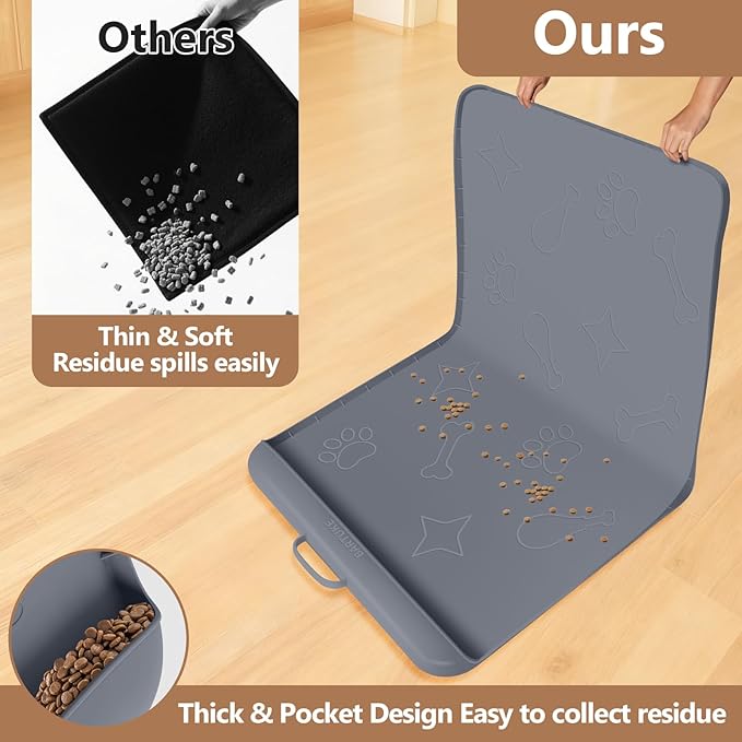 Dog Food Mat with Collection Pocket, 42''x28'' Extra Large Silicone Pet Feeding Mat for Food and Water, Waterproof Anti-Slip Dog Mat with Edge and Handle, Pet Placement for Floor (Dark Grey)
