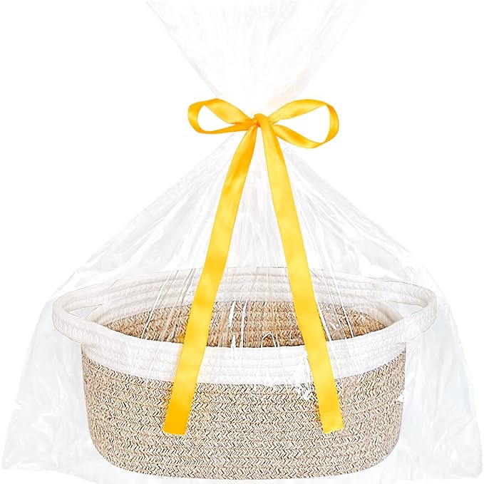 ABenkle Small Basket with Gift Bags and Ribbons, Empty Gift Baskets for Mother's Day, Decorative Boho Rope Woven Nursery Storage Organizer Toy Baskets with Handle for Baby Showers, 12"X 8" X 5"
