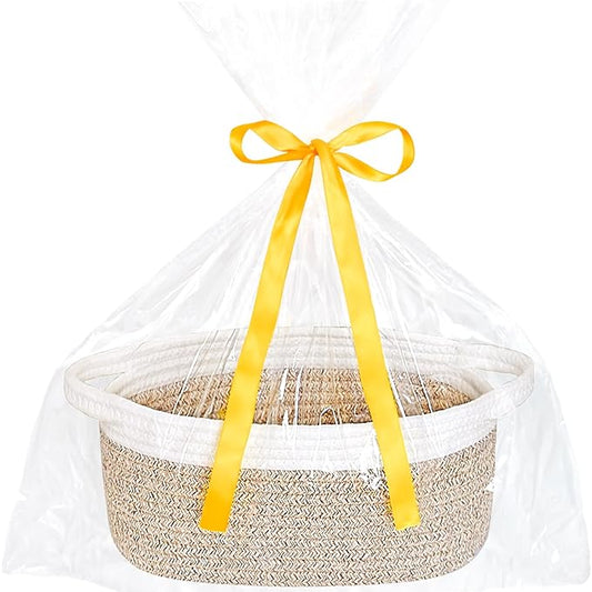 ABenkle Small Basket with Gift Bags and Ribbons, Empty Gift Baskets for Mother's Day, Decorative Boho Rope Woven Nursery Storage Organizer Toy Baskets with Handle for Baby Showers, 12"X 8" X 5"
