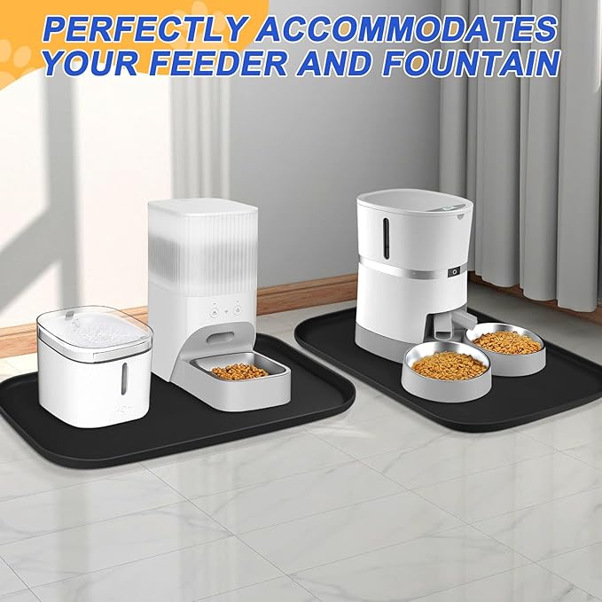 Silicone Pet Feeding Mat with Raised Edge for Food and Water, Dog Bowl Mats, Cat Bowls Placemat with High Lip for Floor Waterproof, Rubber Tray for Cats and Dogs 24 x 16 x0.8 Black