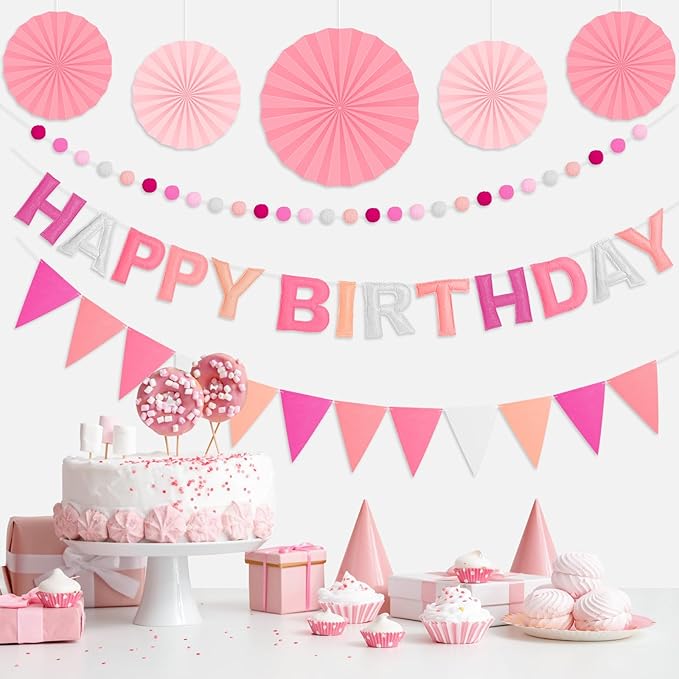 Pre-Strung 3D Felt Happy Birthday Banner, Reusable Pink Birthday Party Decorations for Women, Happy Birthday Sign with Felt Ball Garland, Pennant Flag, Hanging Paper Fans