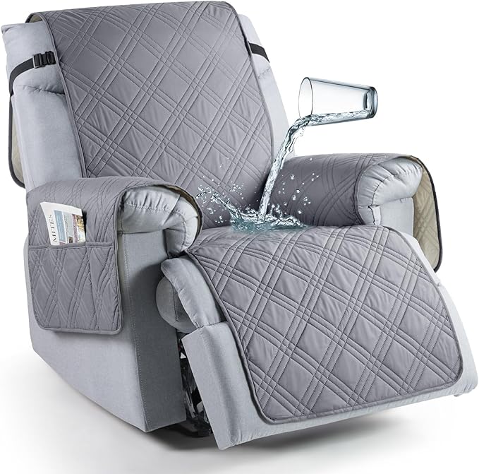 TAOCOCO 100% Waterproof Recliner Chair Cover, Non Slip Recliner Covers for Recliner Chair with Pocket, Washable Reclining Chair Cover Furniture Protector for Kids, Pets(23.6'', Gray)