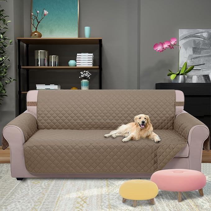 U-NICE HOME 4 Seater Sofa Cover 91 Inch Large Couch Covers for 4 Cushion Couch with Elastic Straps Water Resistant Furniture Protector for Pets (Sofa Xx- Large, Taupe/Taupe)