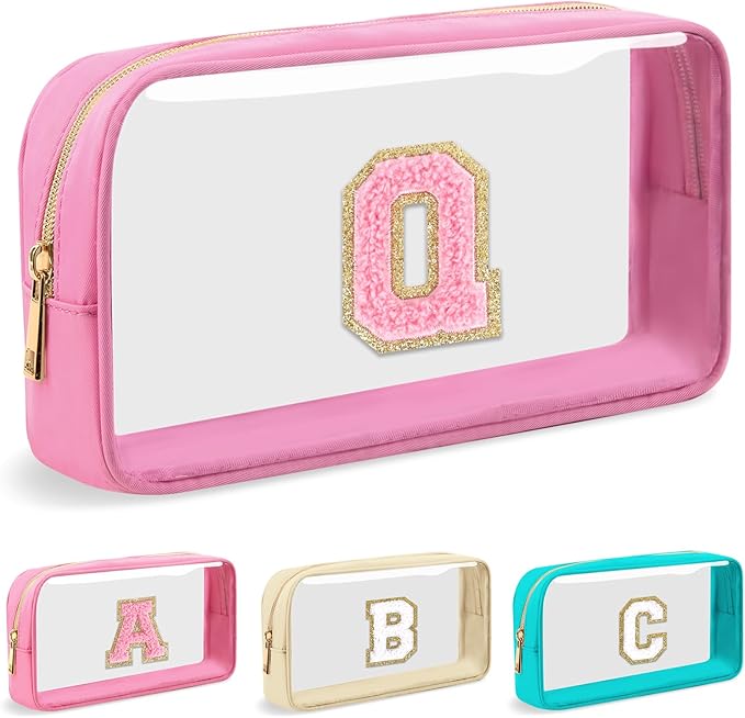 Personalized Initial Letter Clear Makeup Bag,Preppy Small Nylon&PVC Cosmetic Zipper Bag with Chenille Letter,Portable Beach Travel Skincare Toiletry Bag,Trendy Monogram Gift for Teen Girls Women,Q