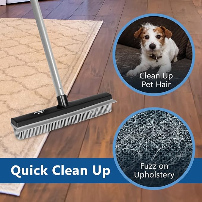Fuller Brush Rubber Broom – for Carpets Floors Stairs Upholstery – Electrostatic Action Removes Pet Hair Lint Fuzz Dirt Particles – Built-in Squeegee Tackles Wet Messes (Complete Broom)