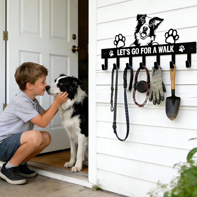 Border Collie Key Holder Wall Mount, Dog Leash Holder for Wall with 7 Hooks, Let‘s Go for a Walk Sign, Metal Black Entryway Key Rack, Front Door Small Car Key Hanger, Collie Decor & Gifts