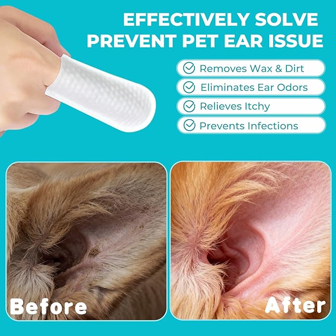 Falatong Pet Ear Cleaner Finger Wipes for Dogs, Cats, Gentle Alcohol-Free Formula, Removes Wax, Debris, 50 Count, Vet Approved, 4x8cm