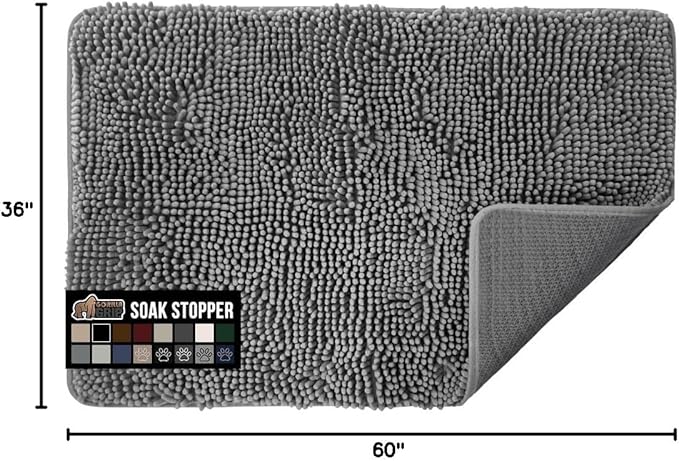 GORILLA GRIP SOAKSTOPPER Dog Door Mat, 60x36 Machine Washable Rug Absorbent Doormat Captures Moisture Mud Dirt, Quick Dry Soft Chenille Entryway Rugs Indoor Entrance Mats for Dog Paws, Gray