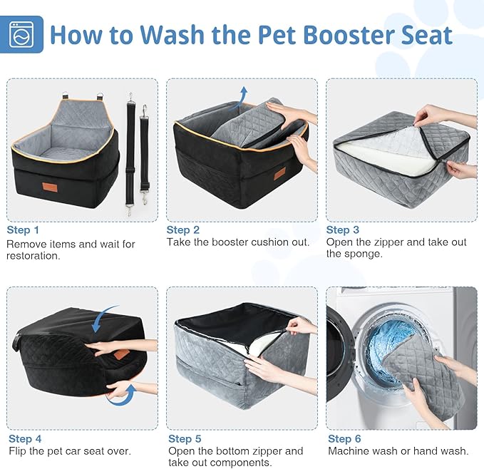 GL GLENSLAVE Dog Car Seat for Small Medium Dogs, Memory Foam Dog Booster Car Seat for Pets Under 35 lbs, Anti-Slip Pet Carseat with 2 Adjustable Leashes, Elevated Dog Travel Bed with Storage Pockets