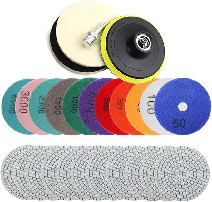 Marble Polishing Kit, 4-inch Diamond Polishing Pads, 12 Pieces Wet/Dry Granite Stone 50-6000 Grit Polishing Pads, Suitable for Polishing Granite and Marble Countertops (12 Pcs Diamond Polishing Pads)