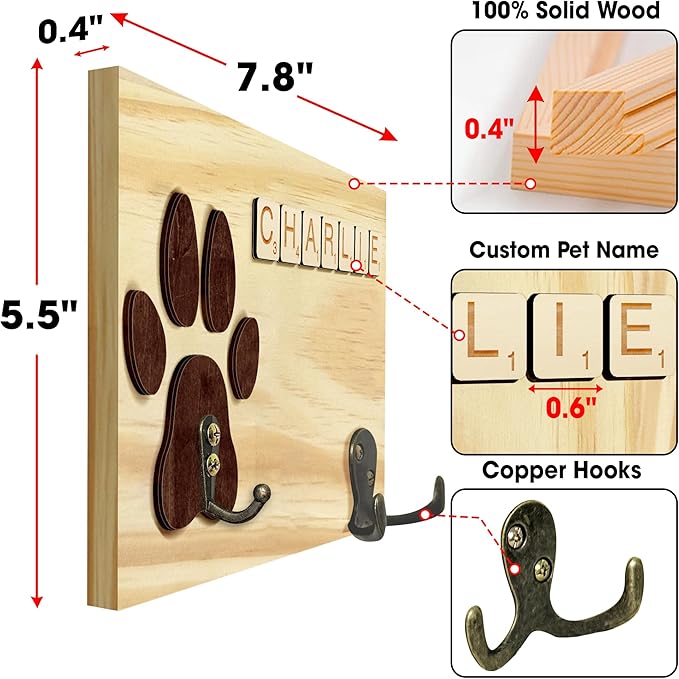 VINARTSVN 2 Pack Dog Leash Holder Wall Mount, Pet Harness Hanger with Scrabble Letters, Dog Collar Organizer for Entryway, Cat Leash Holder for Wall, Pet Loss Gifts, Keepsake, Home Decor PF218-CBN