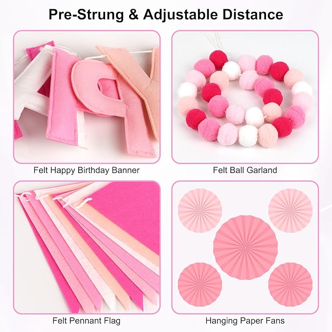 Pre-Strung 3D Felt Happy Birthday Banner, Reusable Pink Birthday Party Decorations for Women, Happy Birthday Sign with Felt Ball Garland, Pennant Flag, Hanging Paper Fans
