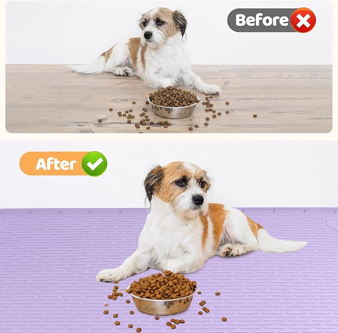 Bartuke Dog Food Mat, Extra Large 34" x 22" Silicone Pet Feeding Mat with Raised Edge Pet Placemat for Small, Medium, and Large Pets Non-Slip, Easy to Clean (Purple)