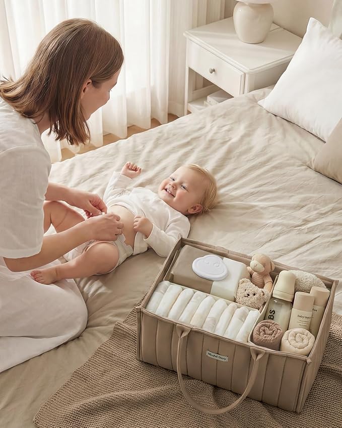 Blissful Diary Baby Diaper Caddy Organizer, Stylish Storage Basket for Newborn Essentials and Diaper Station, Gift for Baby Shower and Registry Must-Have, Mocha Brown