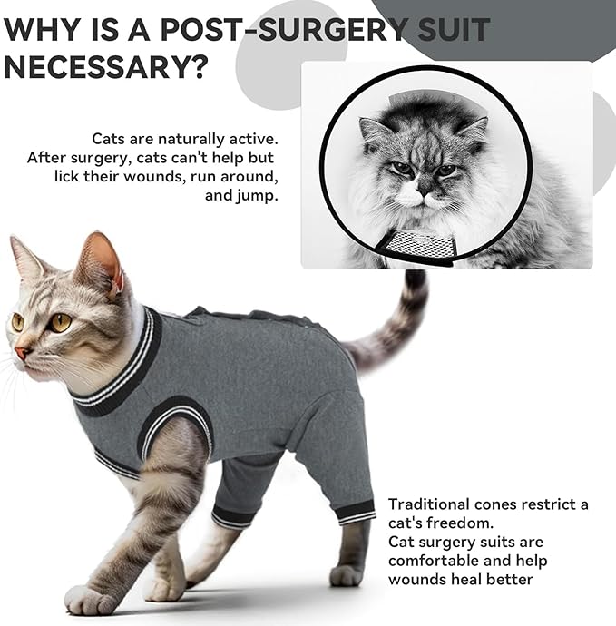 T'CHAQUE Cat Surgery Recovery Suit for Female Male, Cat Onesie Pet Surgical Pajamas Hind Legs Long Sleeve, Abdominal Wound Skin Diseases, E-Collar Alternative, Spay/Neuter Recovery Suit, Gray-S