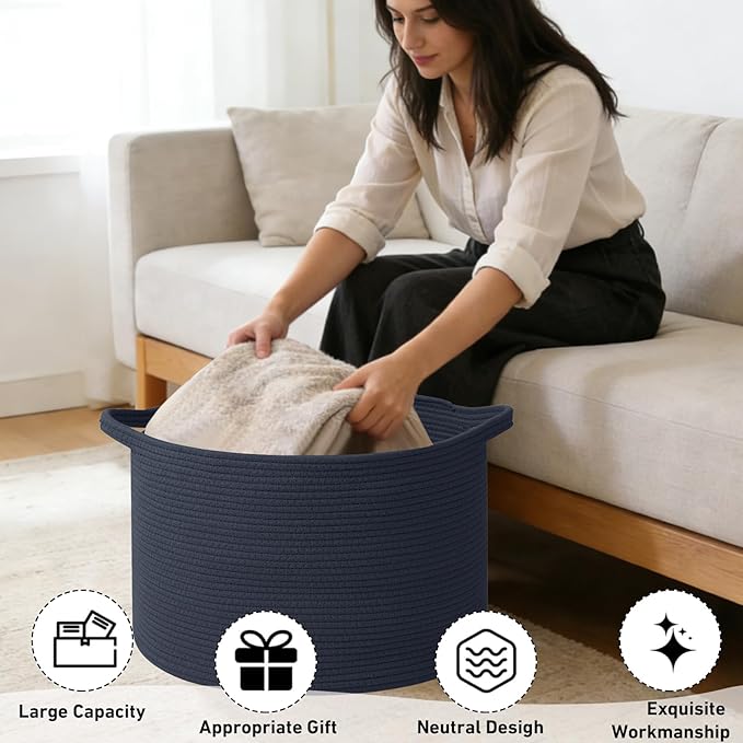 65L Extra Large Woven Cotton Rope Blanket Basket with Handles, Laundry Hamper Storage Bin for Pillows, Comforters,Clothes, Toys, Nursery, Bedroom and Living Room Organization,Dark Blue