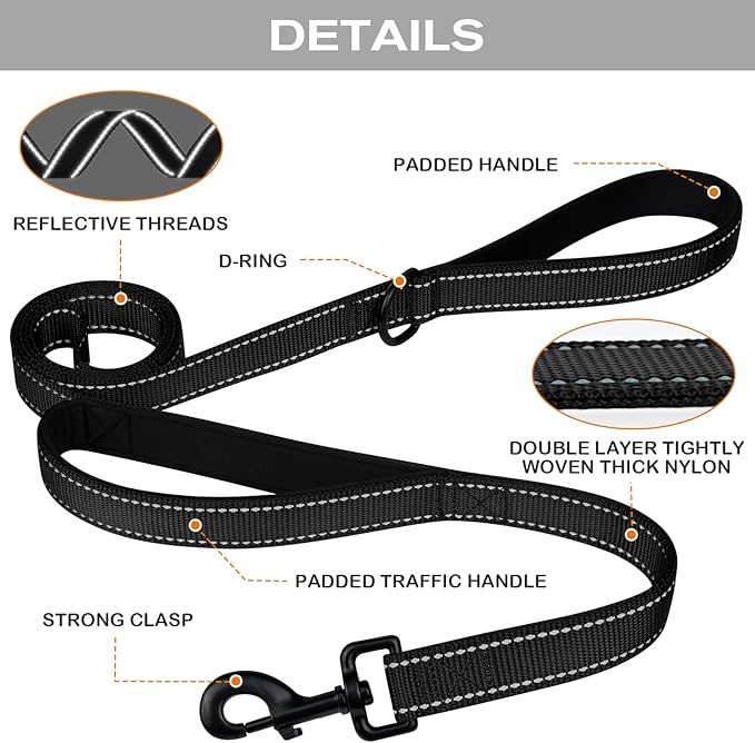 Joytale Dog Leash Heavy Duty for Large Dogs that Pull, Double Handle for Traffic Control, Double-Sided Reflective Leashes for Large Medium Dogs Night Safety, 4FT, Black