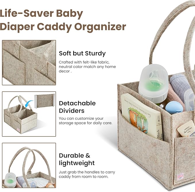 Upgraded Baby Diaper Caddy Organizer, Portable Nursery Storage Bin with Handle, Side Pockets Car Organizer for Diapers and Baby Wipes Essentials, Registry Gift Baskets (Small-Oatmeal)