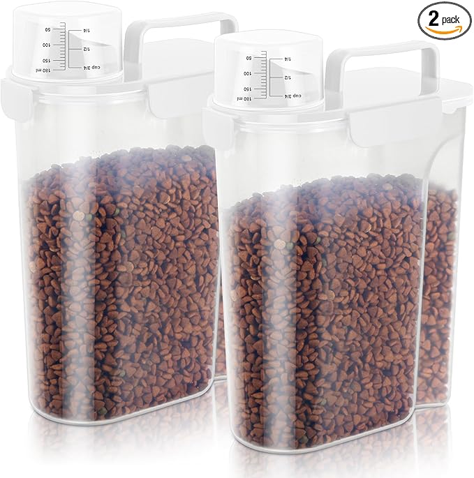 5Lbs Airtight Dog Cat Storage Container Portable with Upgraded Large Spout and Cup, Plastic Pet Food Dispenser for Small Animal Kibble, Bird Seed, Oatmeal, Rice, Flour, Brown Sugart-2 Pack White