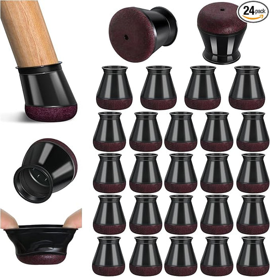 24 Pcs Chair Leg Floor Protectors, Black Silicone Chair Leg Protectors Caps Covers for Hardwood Floors, Furniture Pads Sliders with Wrapped Felt Bottom Small (Fit:0.5"-0.75")